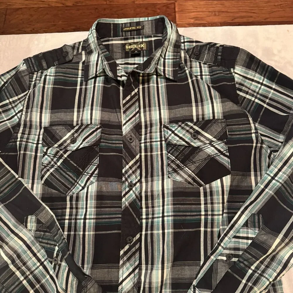 Helix Plaid Button Up Shirt Mens size L Western‎ Athletic Fit Black long Sleeve